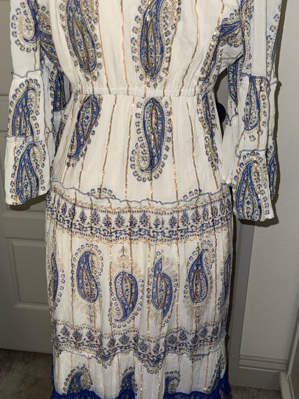 Off-Shoulder White Maxi Dress with Blue Paisley Print - Picture 6 of 11